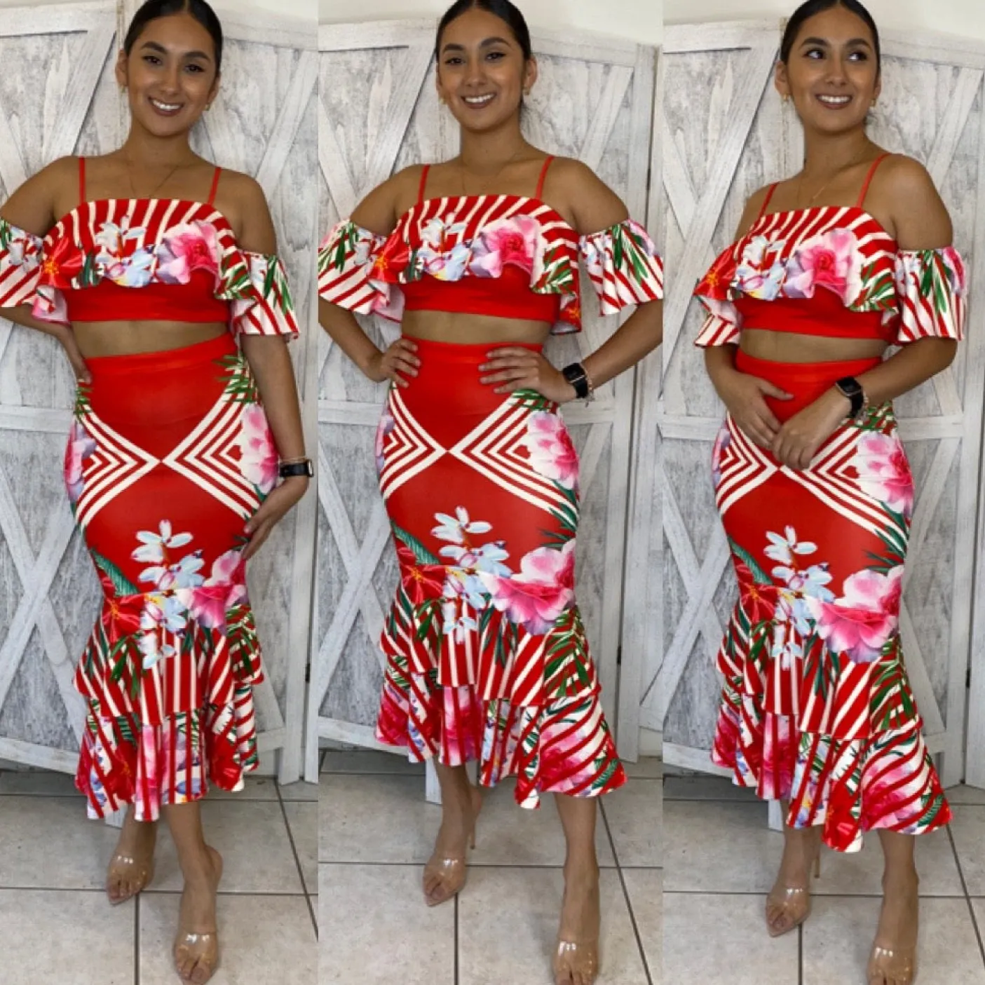 Floral Bliss Skirt Set (Red)