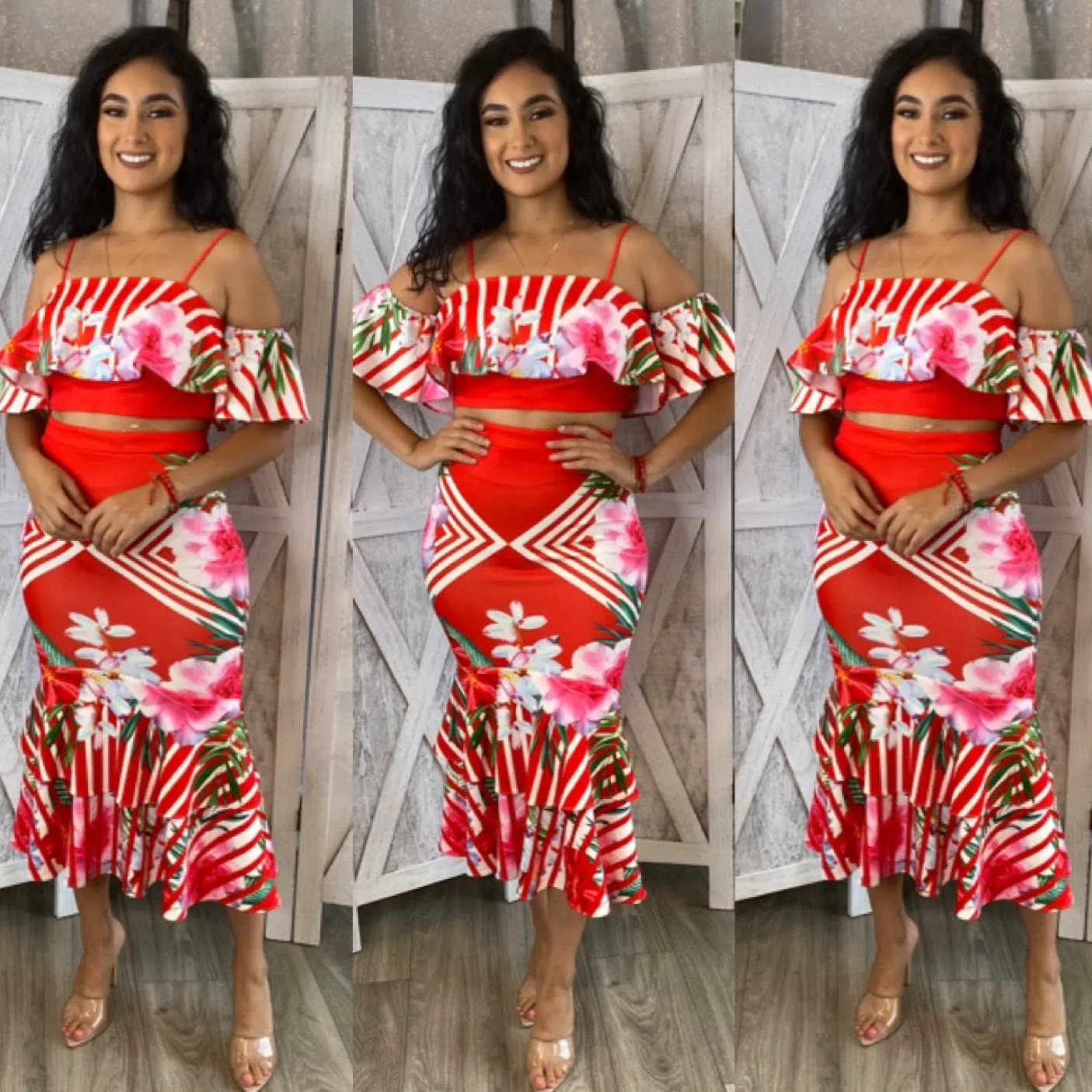 Floral Bliss Skirt Set (Red)